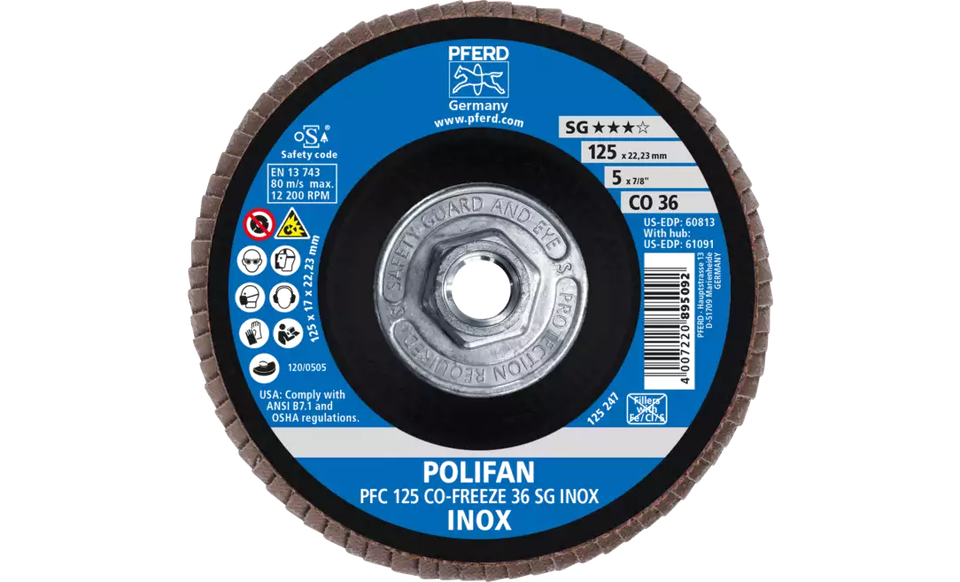 Pferd 61091 Polifan Flap Disc | 5/8-11" Arbor Hole | 5" Diameter | Ceramic Oxide 36 Grit | Type 29 | Sold by Box of 10