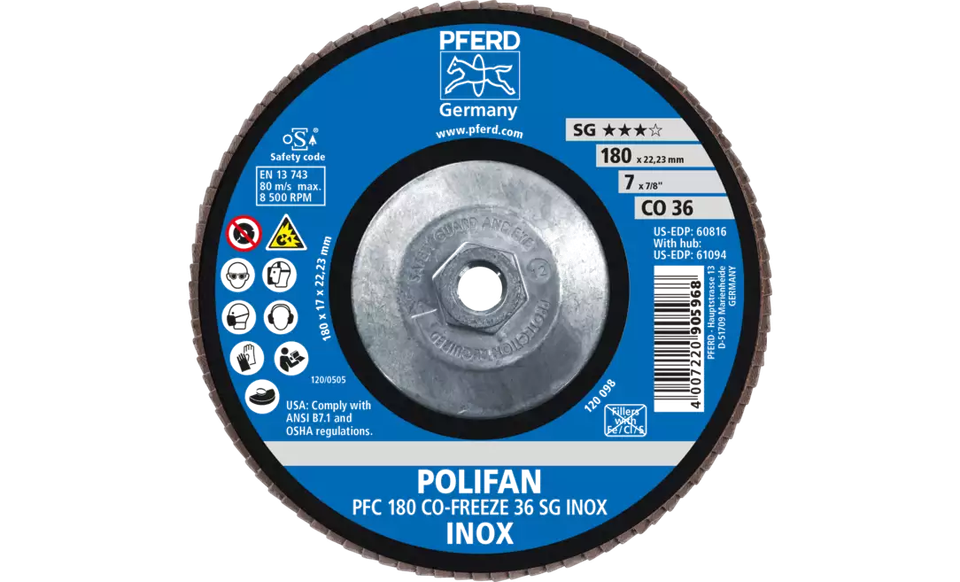 Pferd 61094 Polifan Flap Disc | 5/8-11" Arbor Hole | 7" Diameter | Ceramic Oxide 36 Grit | Type 29 | Sold by Box of 10