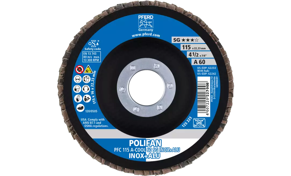 Pferd 62232 Polifan Flap Disc | 4-1/2" Diameter | 7/8" Arbor Hole | Aluminum Oxide 60 Grit | Type 29 | Sold by Box of 10