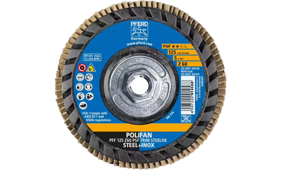 Pferd 68165 Polifan Flap Disc | 5/8-11" Arbor Hole | 5" Diameter | Zirconia Alumina 60 Grit | Type 27 | Sold by Box of 10