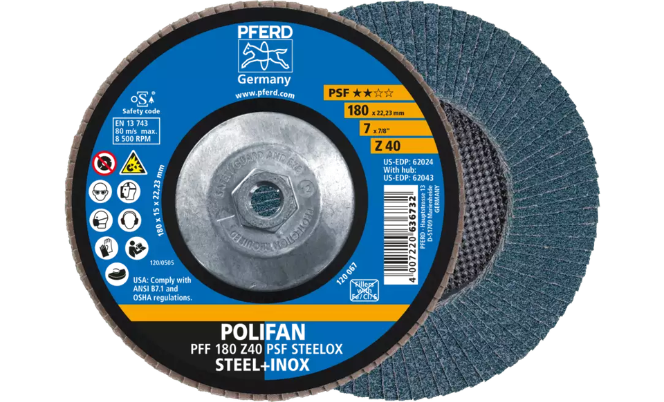 Pferd 62043 Polifan Flap Disc | 5/8-11" Arbor Hole | 7" Diameter | Zirconia Alumina 40 Grit | Type 27 | Sold by Box of 10