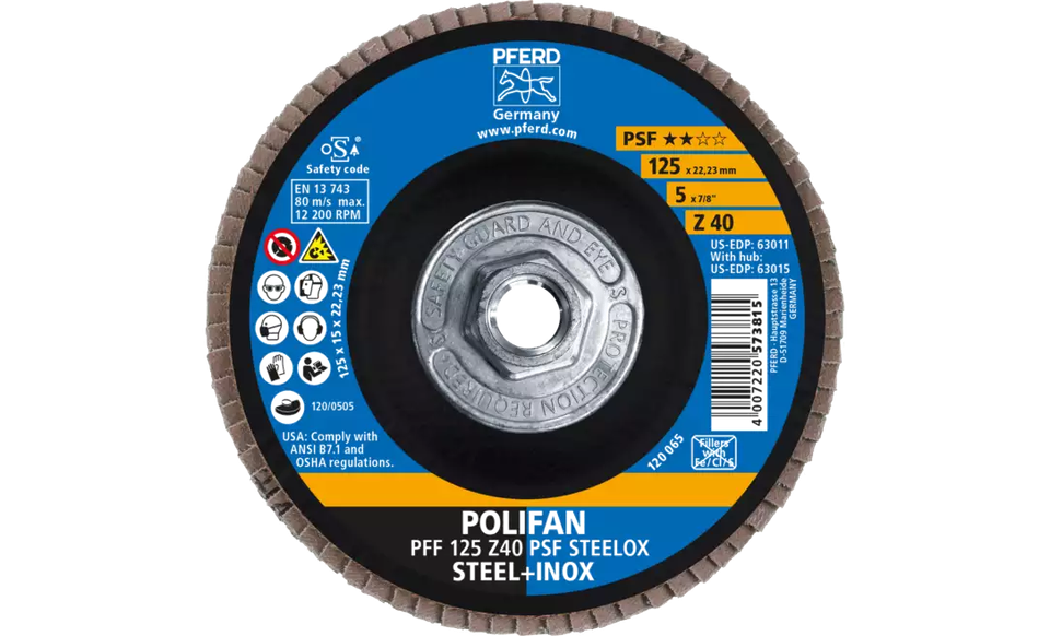 Pferd 63015 Polifan Flap Disc | 5/8-11" Arbor Hole | 5" Diameter | Zirconia Alumina 40 Grit | Type 27 | Sold by Box of 10