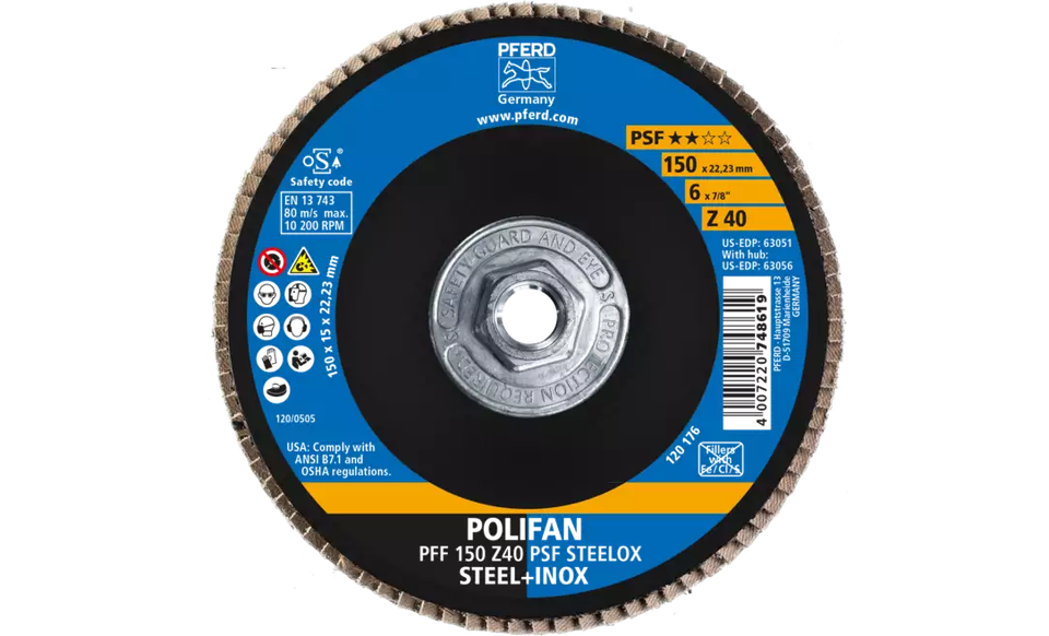 Pferd 63056 Polifan Flap Disc | 5/8-11" Arbor Hole | 6" Diameter | Zirconia Alumina 40 Grit | Type 27 | Sold by Box of 10
