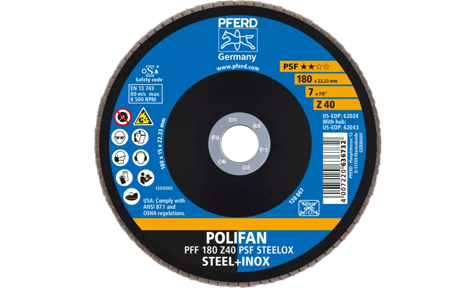 Pferd 62024 Polifan Flap Disc | 7/8" Arbor Hole | 7" Diameter | Zirconia Alumina 40 Grit | Type 27 | Sold by Box of 10