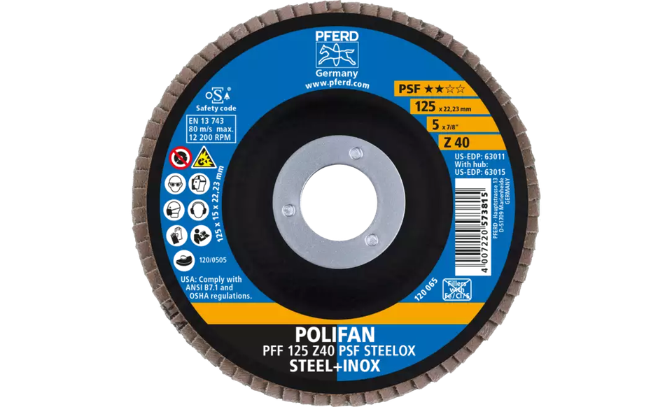 Pferd 63011 Polifan Flap Disc | 7/8" Arbor Hole | 5" Diameter | Zirconia Alumina 40 Grit | Type 27 | Sold by Box of 10