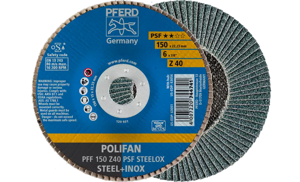Pferd 63051 Polifan Flap Disc | 7/8" Arbor Hole | 6" Diameter | Zirconia Alumina 40 Grit | Type 27 | Sold by Box of 10