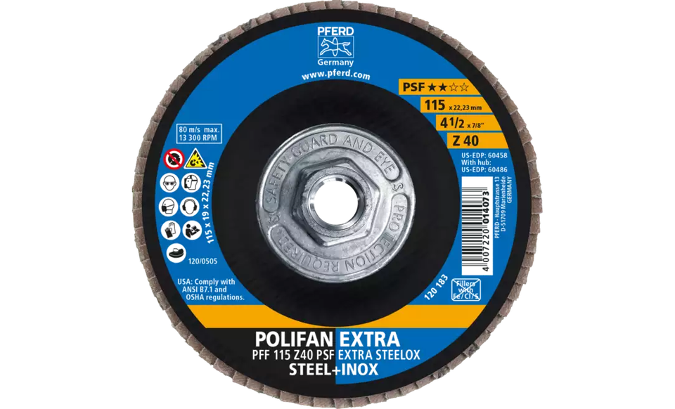 Pferd 60486 Polifan Flap Disc | 5/8-11" Arbor Hole | 4-1/2" Diameter | Zirconia Alumina 40 Grit | Type 27 | Sold by Box of 10