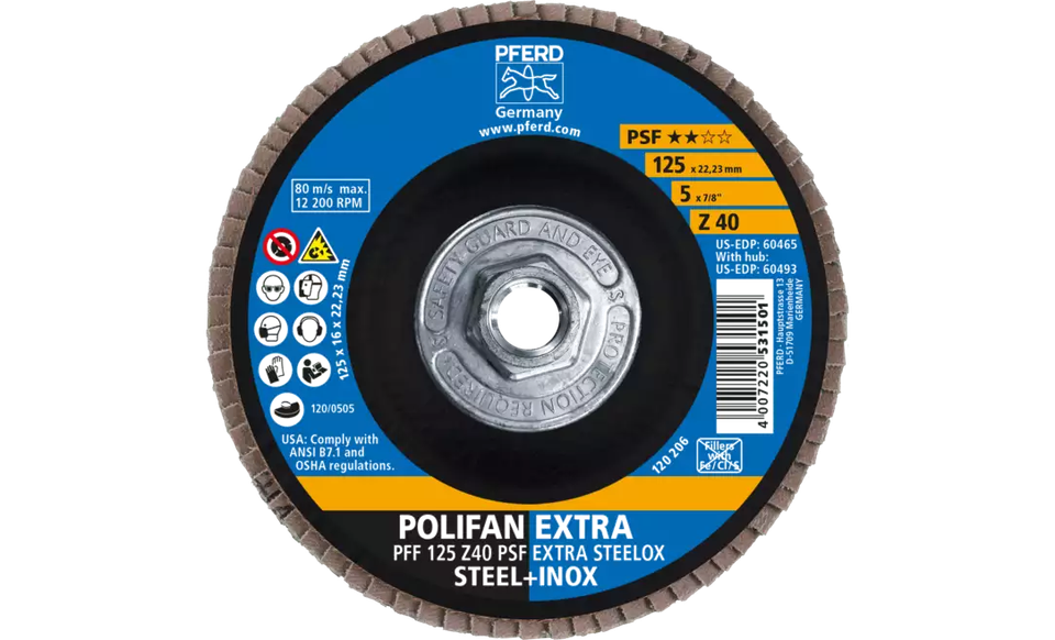 Pferd 60493 Polifan Flap Disc | 5/8-11" Arbor Hole | 5" Diameter | Zirconia Alumina 40 Grit | Type 27 | Sold by Box of 10