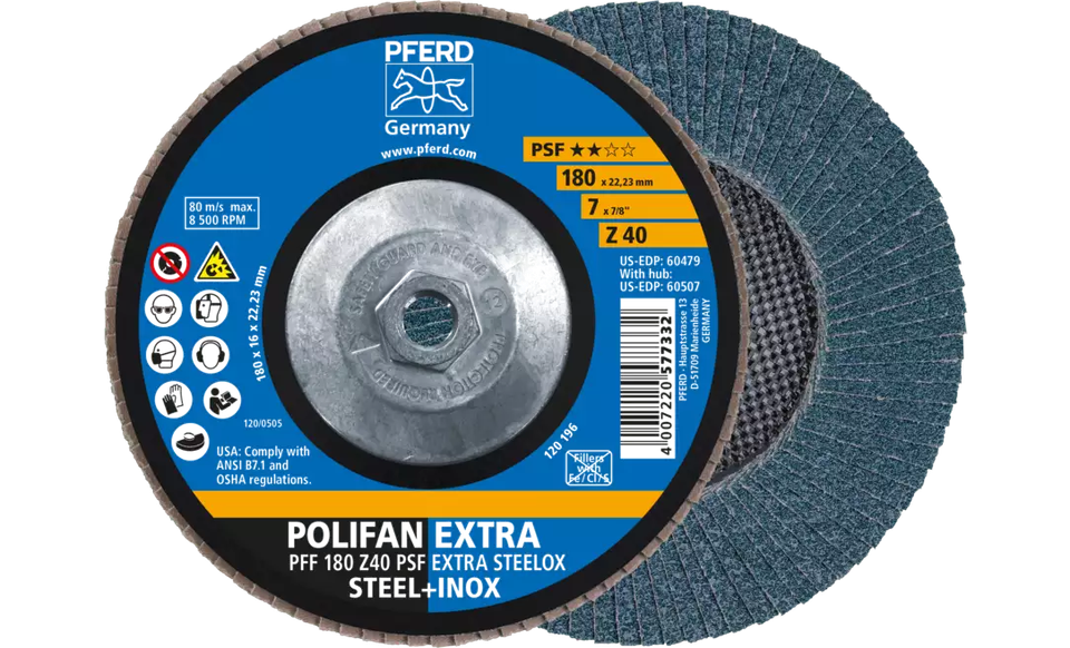 Pferd 60507 Polifan Flap Disc | 5/8-11" Arbor Hole | 7" Diameter | Zirconia Alumina 40 Grit | Type 27 | Sold by Box of 10