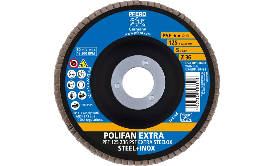 Pferd 60464 Polifan Flap Disc | 7/8" Arbor Hole | 5" Diameter | Zirconia Alumina 36 Grit | Type 27 | Sold by Box of 10