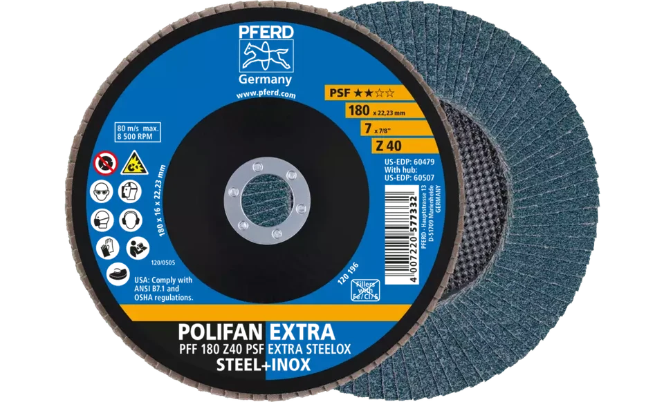 Pferd 60479 Polifan Flap Disc | 7/8" Arbor Hole | 7" Diameter | Zirconia Alumina 40 Grit | Type 27 | Sold by Box of 10
