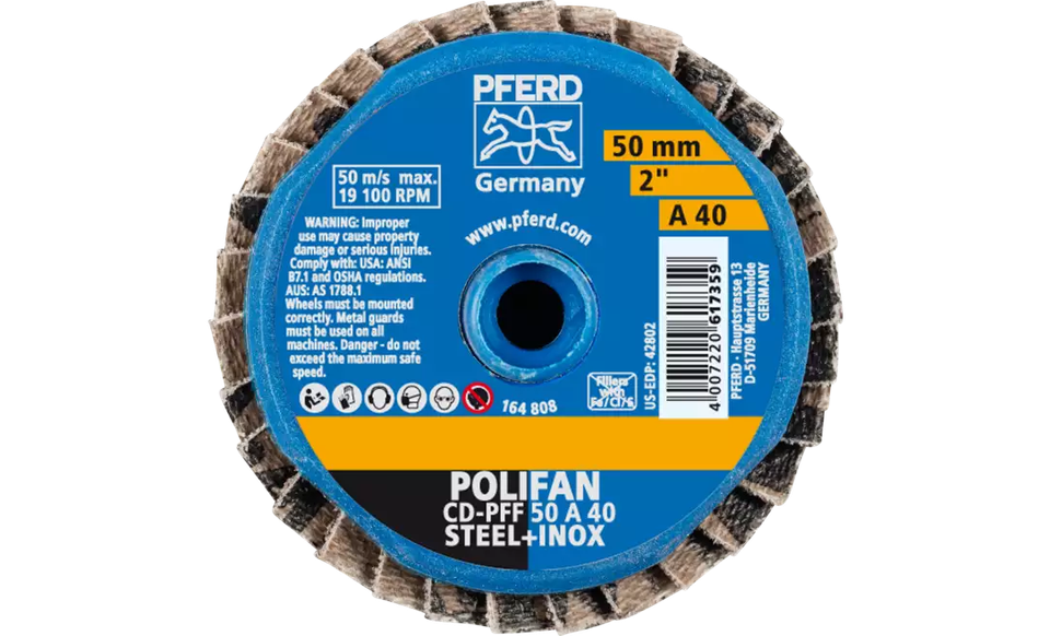 Pferd 42802 Mini Polifan Flap Disc | Arbor Hole | 2" Diameter | Aluminum Oxide 40 Grit | Type CD | Sold by Box of 10