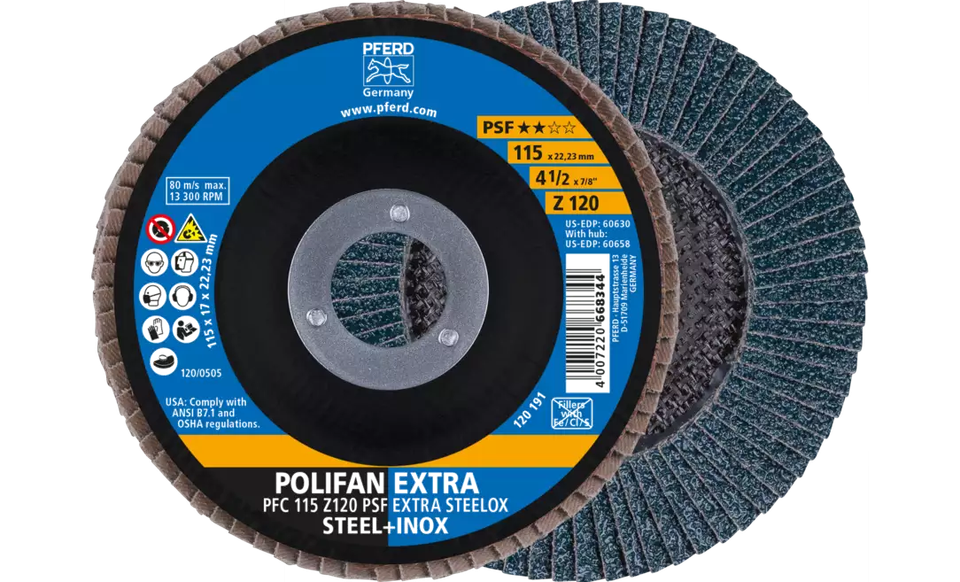 Pferd 60630 Polifan Flap Disc | 7/8" Arbor Hole | 4-1/2" Diameter | Zirconia Alumina 120 Grit | Type 29 | Sold by Box of 10