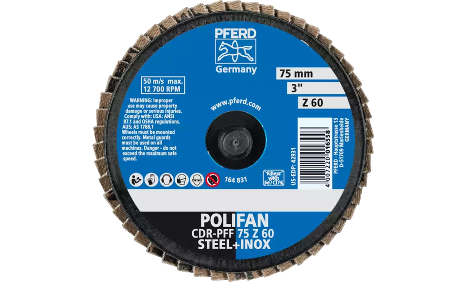 Pferd 42931 Mini Polifan Flap Disc | 3" Diameter | Zirconia Alumina 60 Grit | Type CDR | Sold by Box of 10