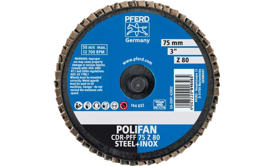 Pferd 42932 Mini Polifan Flap Disc | 3" Diameter | Zirconia Alumina 80 Grit | Type CDR | Sold by Box of 10