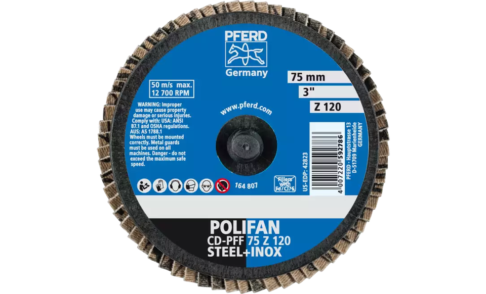 Pferd 42823 Mini Polifan Flap Disc | 3" Diameter | Zirconia Alumina 120 Grit | Type CD | Sold by Box of 10