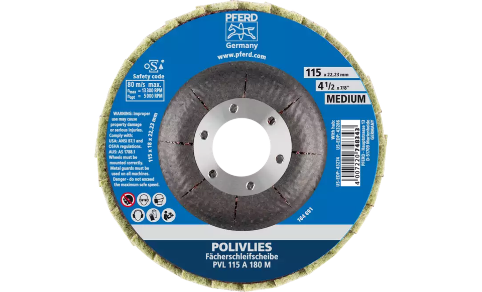 Pferd 43274 Polivlies Flap Disc | 4-1/2" Diameter | 7/8" Arbor Hole | Aluminum Oxide 180 Grit | Sold by Box of 5