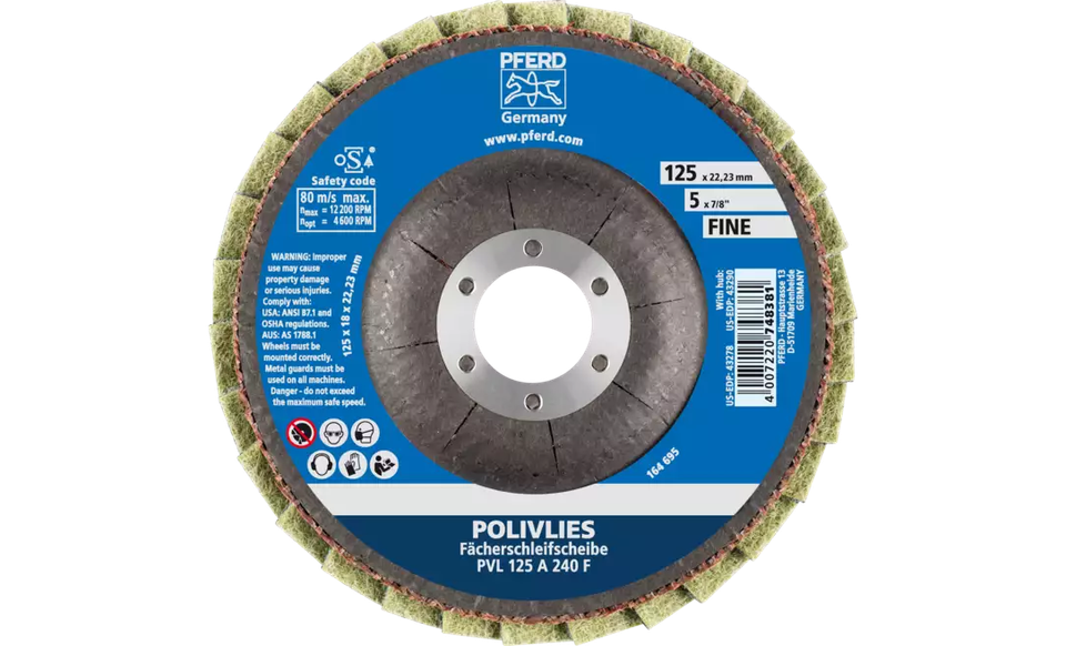 Pferd 43278 Polivlies Flap Disc | 5" Diameter | 7/8" Arbor Hole | Aluminum Oxide 240 Grit | Sold by Box of 5