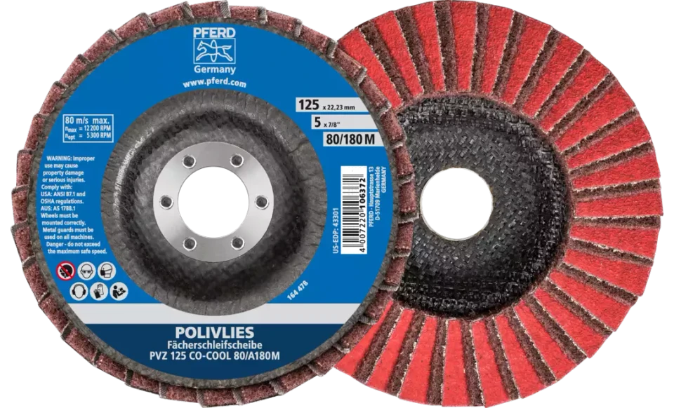 PFERD 43298 Polivlies Non-Woven Flap Disc | 7/8" Arbor Hole | 4-1/2" Diameter | 13,300 RPM | 180 M Grit Size | Sold by Box of 5