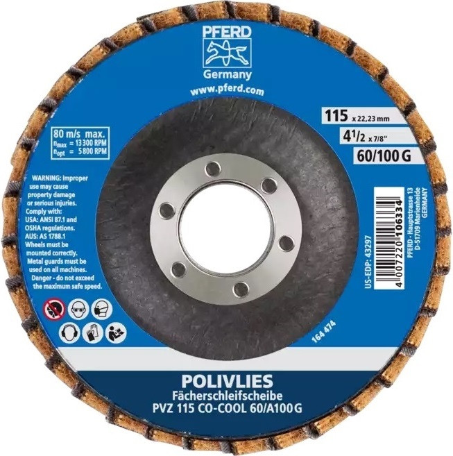 PFERD 43302 Polivlies Non-Woven Flap Disc | 7/8" Arbor Hole | 5" Diameter | 12,200 RPM | 240 F Grit Size | Sold by Box of 5