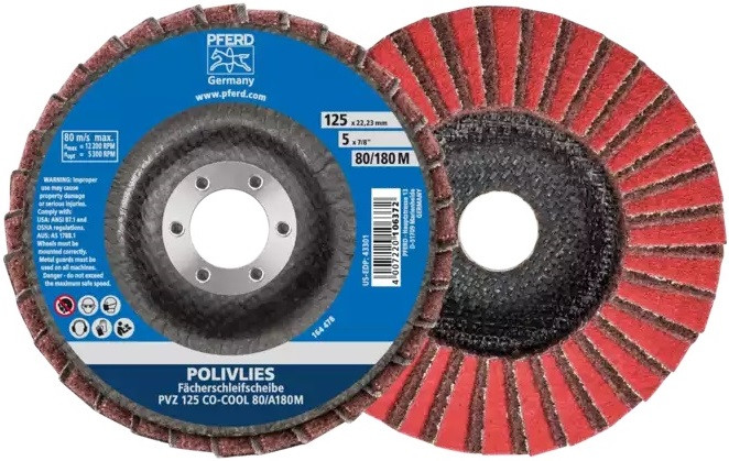 PFERD 43310 Polivlies Non-Woven Flap Disc | 5/8-11" Threaded Hub | 4-1/2" Diameter | 13,300 RPM | 180 M Grit Size | Sold by Box of 5