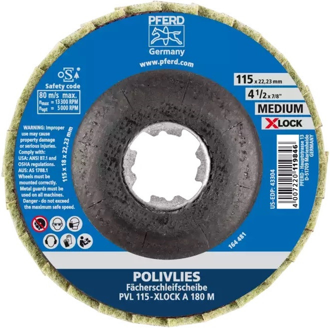 PFERD 43304 Polivlies AO Flap Disc | 7/8" X-LOCK | 4-1/2" Diameter | 13,300 RPM | 180 M Grit Size | Sold by Box of 5