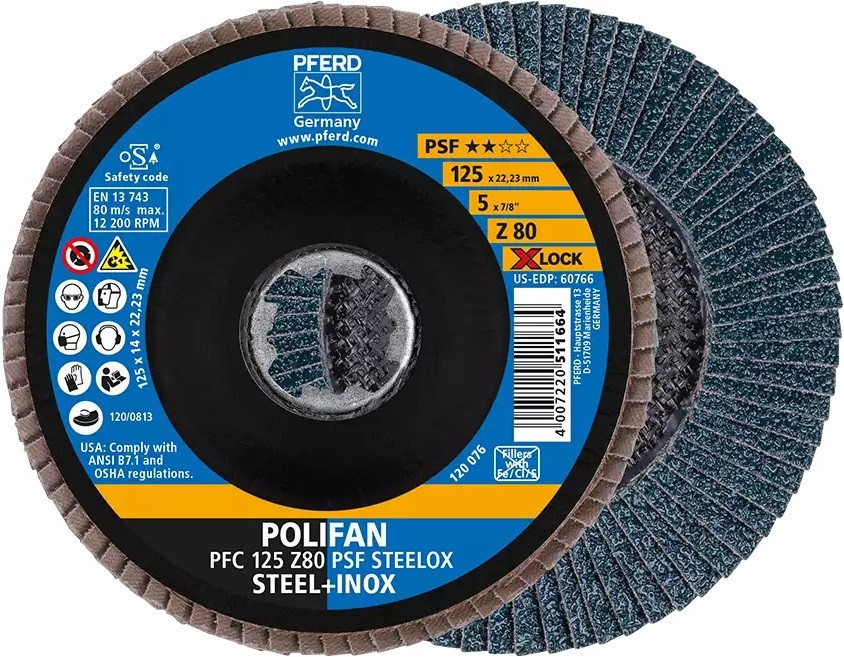 PFERD 60765 Polifan Flap Disc | 7/8" X-Lock | 5" Diameter | 12,200 RPM | 60 Grit Size | Sold by Box of 10