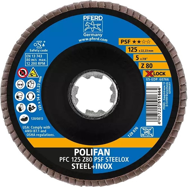 PFERD 60778 Polifan Flap Disc | 7/8" X-Lock | 5" Diameter | 12,200 RPM | 40 Grit Size | Sold by Box of 10
