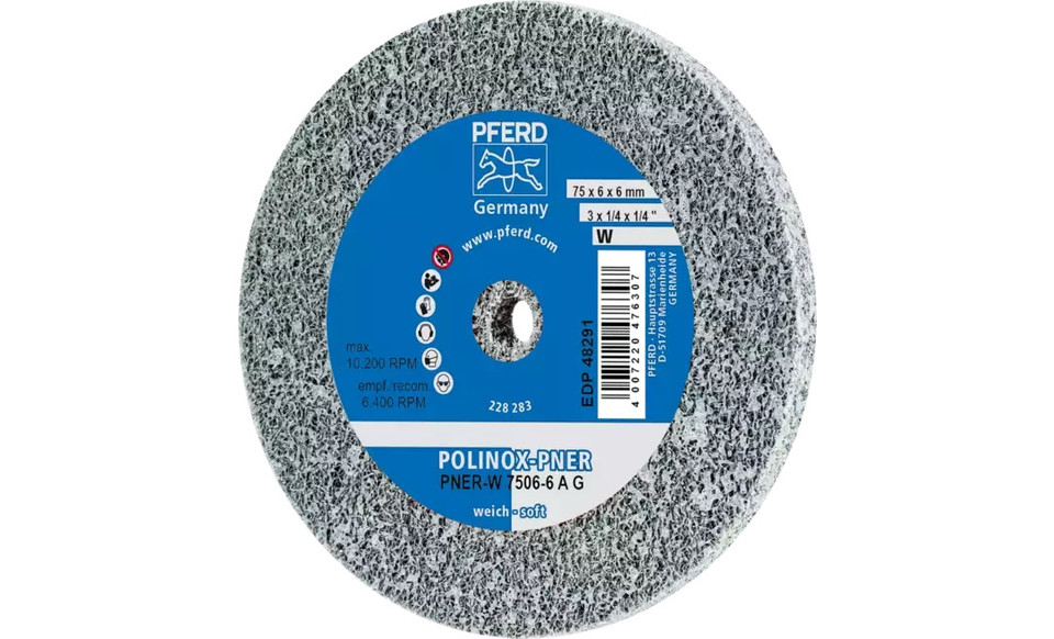 Pferd 48291 3" x 1/4" Non Woven Polinox Unitized Wheel | 10,200 Max. RPM | Aluminum Oxide Coarse Grit | Soft | 2AM