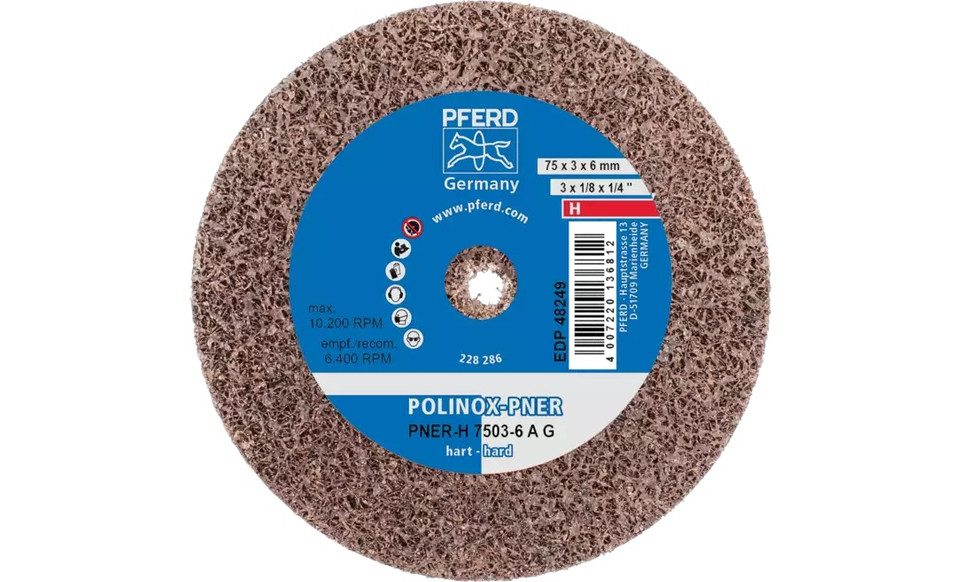 Pferd 48249 3" x 1/8" Non Woven Polinox Unitized Wheel | 10,200 Max. RPM | Aluminum Oxide Coarse Grit | Hard | 8AC