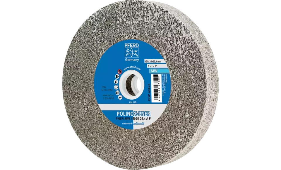 Pferd 48423 6" x 1" Non Woven Polinox Unitized Wheel | 5,100 Max. RPM | Aluminum Oxide Fine Grit | Medium Soft | 3AF
