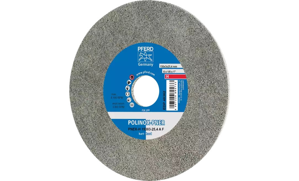 Pferd 48362 6" x 1/8" Non Woven Polinox Unitized Wheel | 5,100 Max. RPM | Aluminum Oxide Fine Grit | Hard | 6AM
