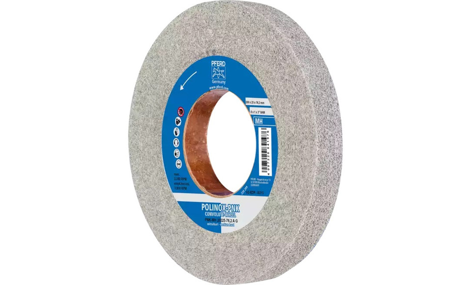 Pferd 48213 8" x 1" Non Woven Polinox Convolute Wheel | 3,850 Max. RPM | Aluminum Oxide Coarse Grit | Medium Hard | 8AM