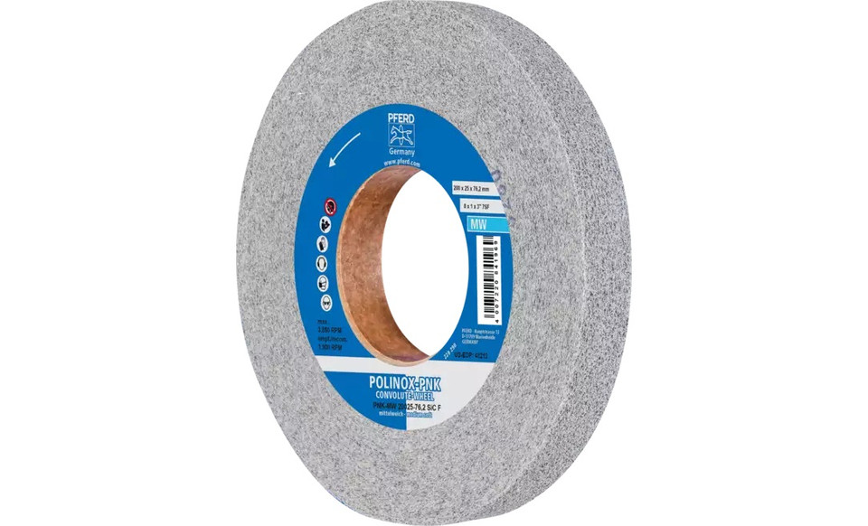 Pferd 48212 8" x 1" Non Woven Polinox Convolute Wheel | 3,850 Max. RPM | Silicon Carbide Fine Grit | Medium Soft | 7SF