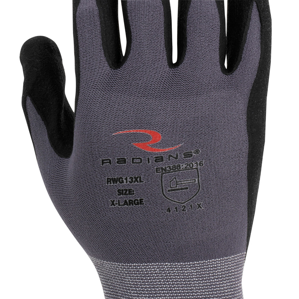 Radians RWG13L Nylon Foam Nitrile Gripper Gloves | Elastic Cuff | Gray | Large Size | Case of 10 Boxes of 12 Pairs in Each Box