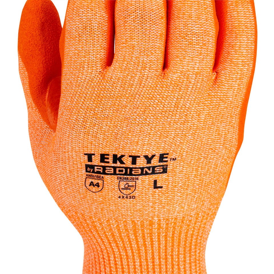 Radians RWG703XS TEKTYE A4 Cut Protective Work Gloves | Reinforced Thumb | Hi-Vis Orange | X-Small Size | Box of 12 Pairs