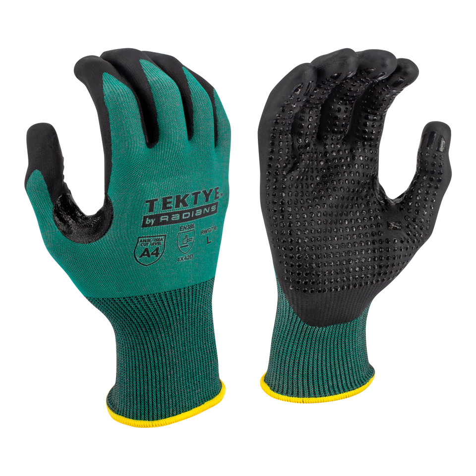 Radians RWG738XS TEKTYE A4 Cut Protective Work Gloves | Reinforced Thumb | Green | X-Small Size | Box of 12 Pairs