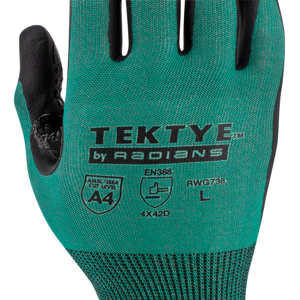 Radians RWG738XXL TEKTYE A4 Cut Protective Work Gloves | Reinforced Thumb | Green | 2X-Large Size | Box of 12 Pairs