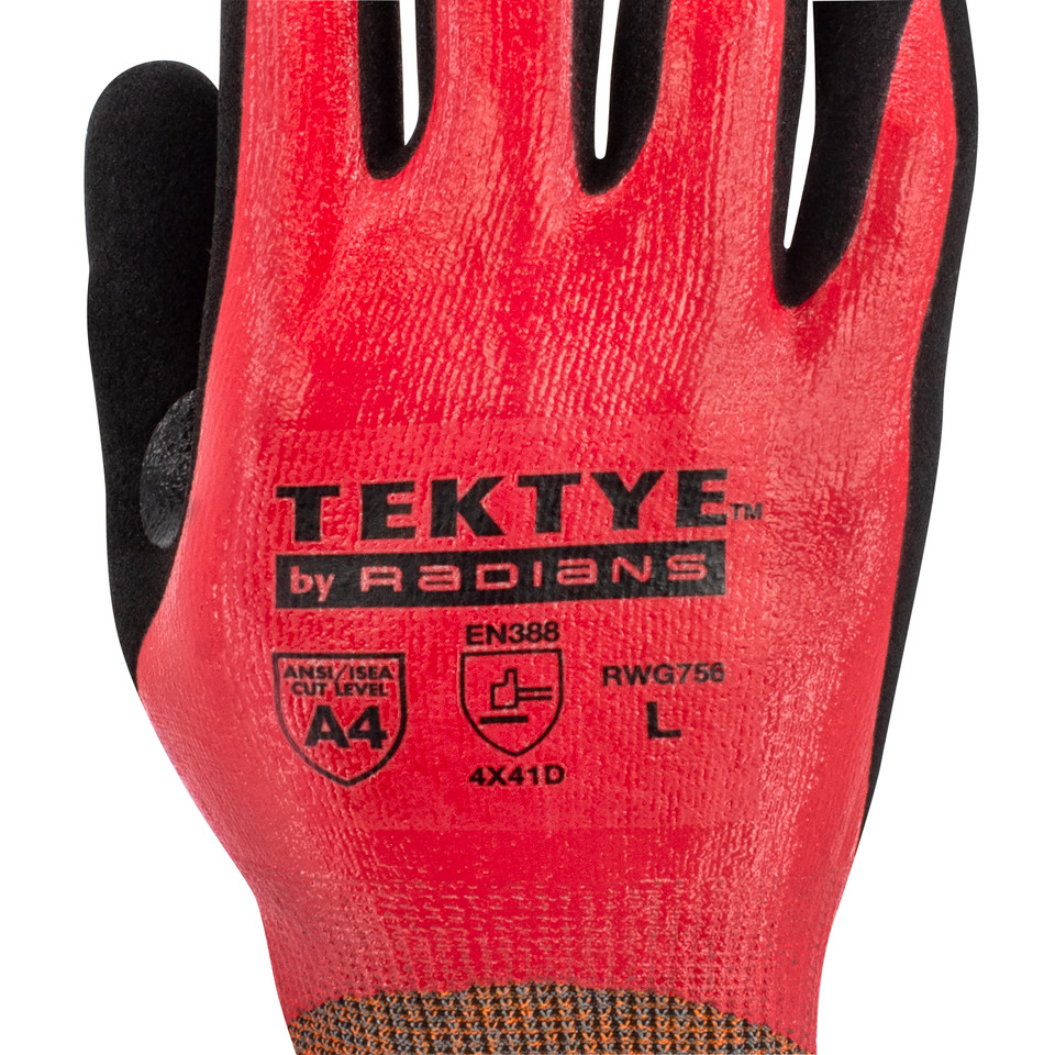 Radians RWG756M TEKTYE A4 Cut Protective Work Gloves | Reinforced Thumb | Black/Red | Medium Size | Box of 12 Pairs