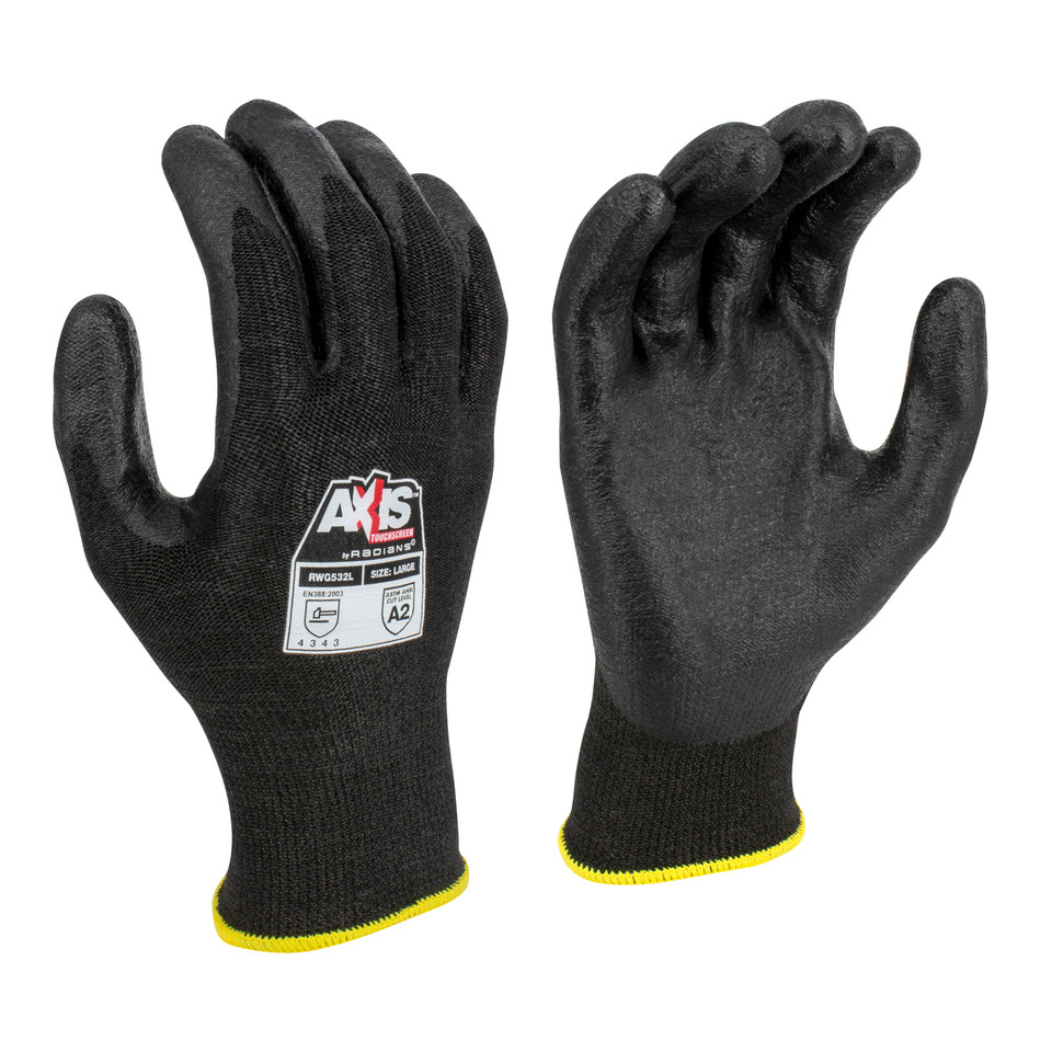 Radians RWG532XL AXIS A2 Cut Protection Work Gloves | Touchscreen | Black | X-Large Size | Case of 10 Boxes of 12 Pairs in Each Box
