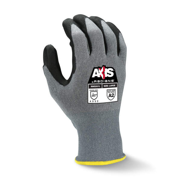 Radians RWG561L AXIS A2 Cut Protection Work Gloves | Black Polyurethane Palm | Gray | Large Size | Case of 10 Boxes of 12 Pairs in Each Box