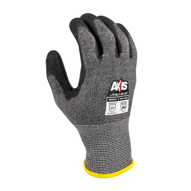Radians RWG560S AXIS A4 Cut Protection Work Gloves | Black Polyurethane Palm | Gray | Small Size | Case of 10 Boxes of 12 Pairs in Each Box