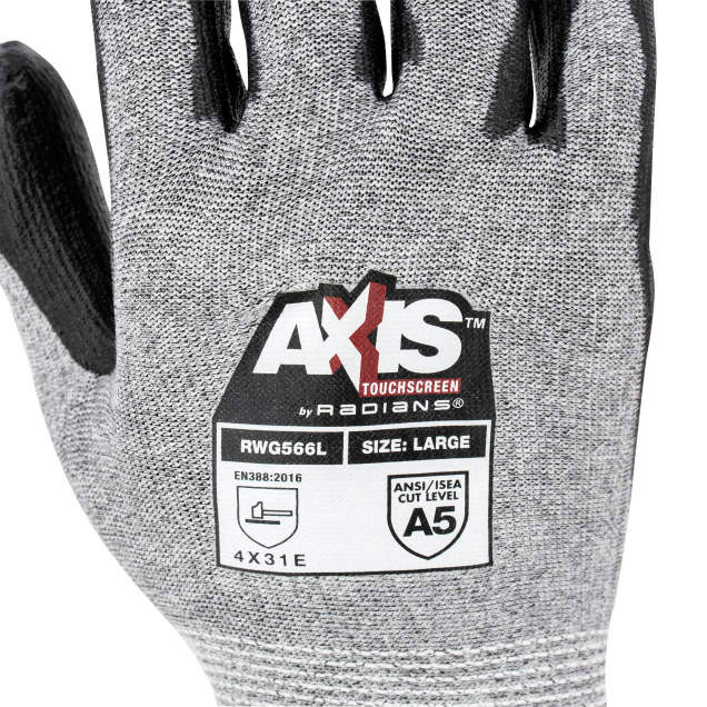 Radians RWG566XS AXIS A5 Cut Protection Work Gloves | Touchscreen | Gray | X-Small Size | Case of 10 Boxes of 12 Pairs in Each Box