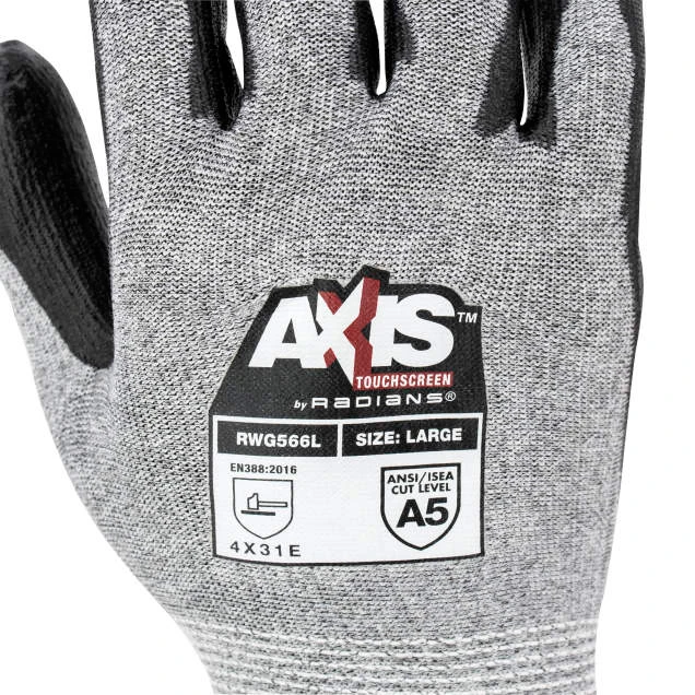 Radians RWG566XL AXIS A5 Cut Protection Work Gloves | Touchscreen | Gray | X-Large Size | Case of 10 Boxes of 12 Pairs in Each Box