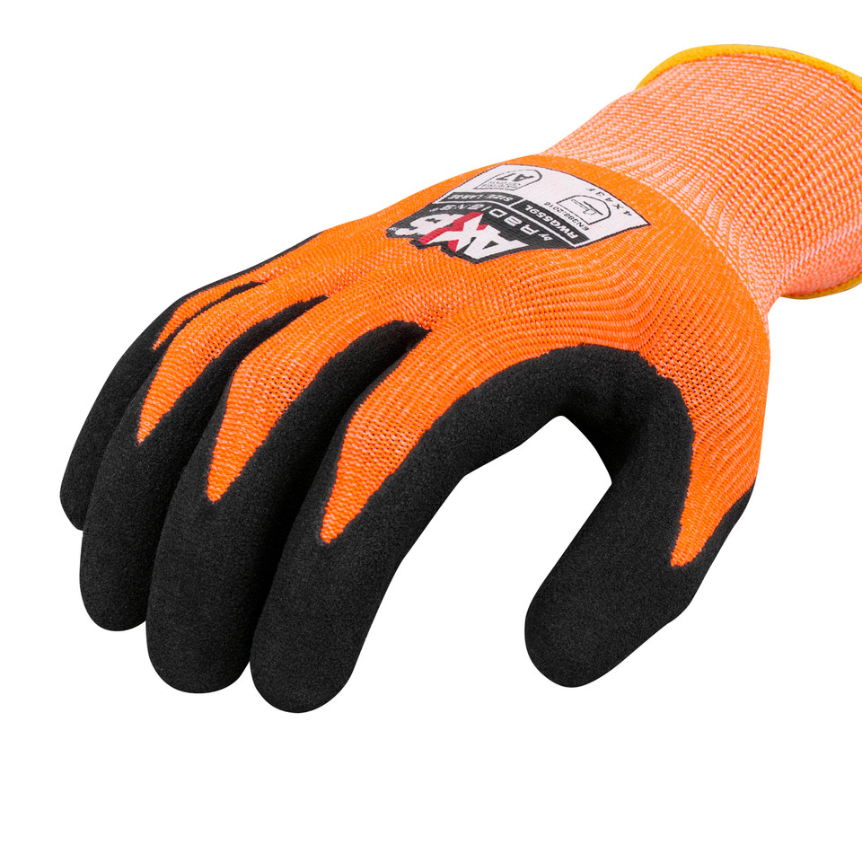 Radians RWG559XS AXIS A7 Cut Protection Work Gloves | Black Sandy Nitrile Palm | Hi-Vis Orange | X-Small Size | Case of 10 Boxes of 12 Pairs in Each Box