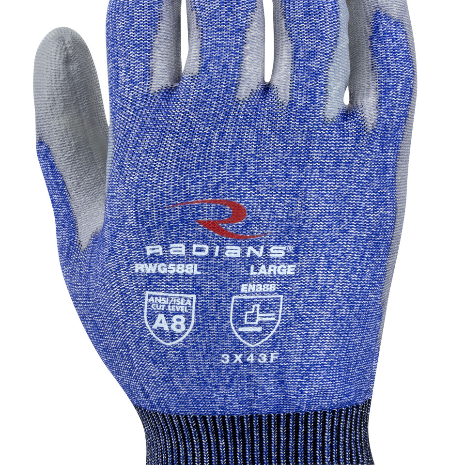 Radians RWG588XS A8 Cut Protection Work Gloves | Polyurethane Palm | Blue | X-Small Size | Box of 12 Pairs