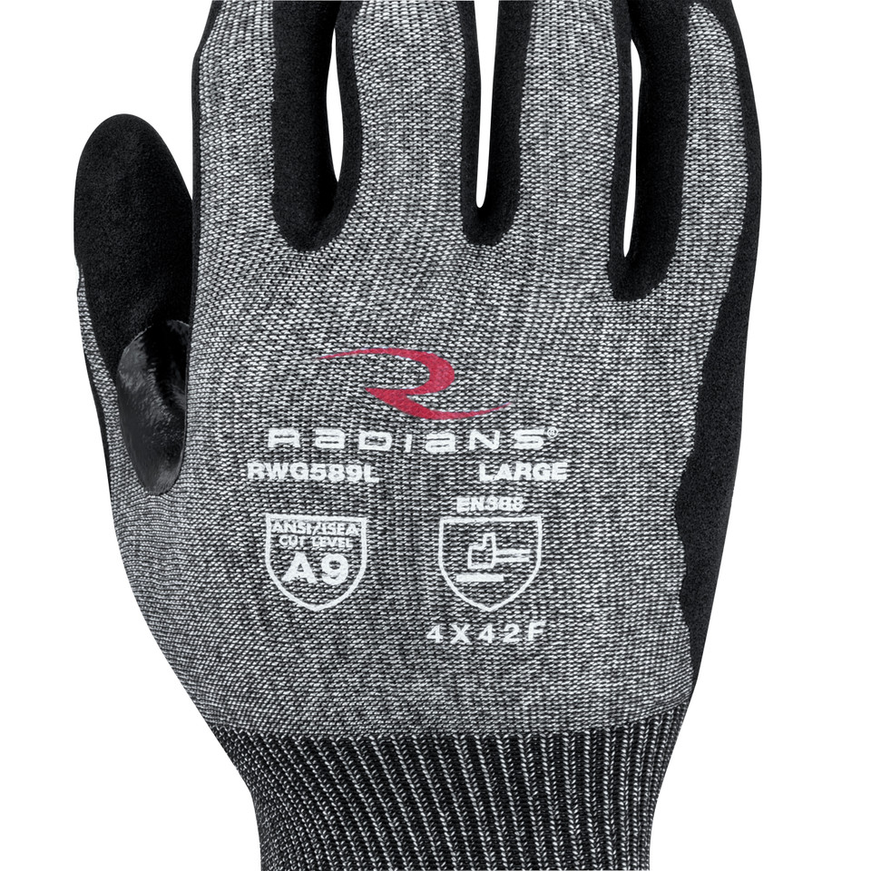 Radians RWG589S A9 Cut Protection Work Gloves | Sandy Foam Nitrile Palm | Black | Small Size | Box of 12 Pairs