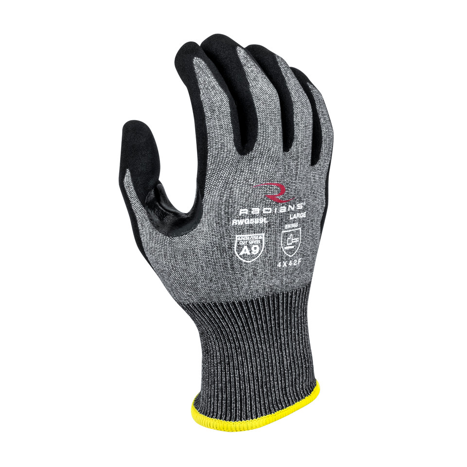 Radians RWG589XXL A9 Cut Protection Work Gloves | Sandy Foam Nitrile Palm | Black | 2X-Large Size | Box of 12 Pairs