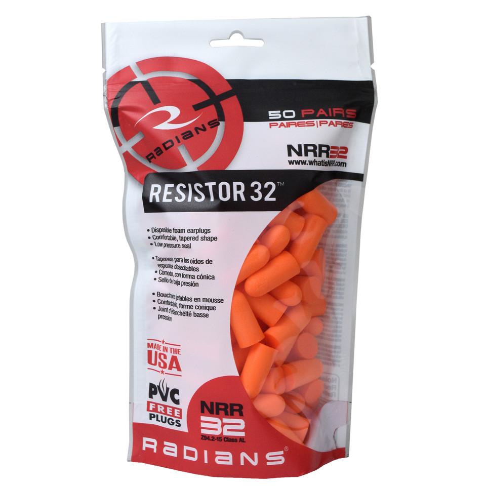 Radians Resistor FP70BG50 - Uncorded 32 NRR Disposable Foam Earplugs | Tapered Bullet Shape | Orange | Box of 6 Packs of 50 Pairs Each