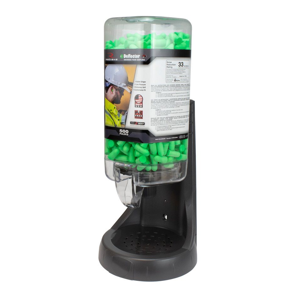 Radians FPD-500L90 Refillable Dispenser with Deflector 33 NNR FP90 Earplugs | Tapered Bullet Shape | Uncorded | Green